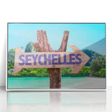 Acrylic print of Seychelles scenery with white frame, featuring vibrant blue and green hues.