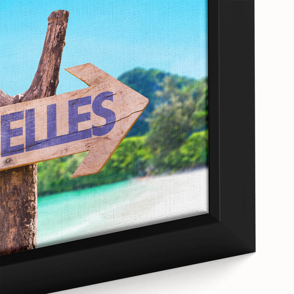 Extra large framed canvas of a textured, colorful Seychelles scenery, ideal for living room decor.