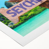 Art deco poster of Seychelles scenery on rolled canvas, featuring vivid blue and green tones, ideal for dining room wall art.
