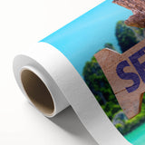 Art deco poster depicting a serene Seychelles landscape on rolled canvas, ideal for nursery wall art or dining room decor.