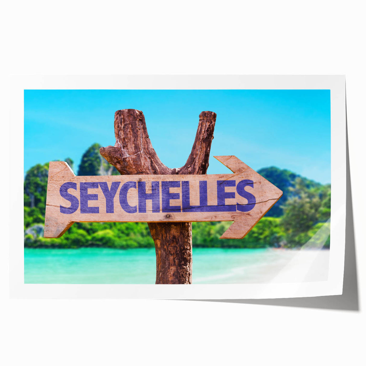 Extra large rolled print featuring Seychelles scenery with vibrant greens and blues, ideal for dining room wall art.