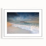 Abstract art print depicting a stylized South African landscape in earth tones on a framed white canvas.