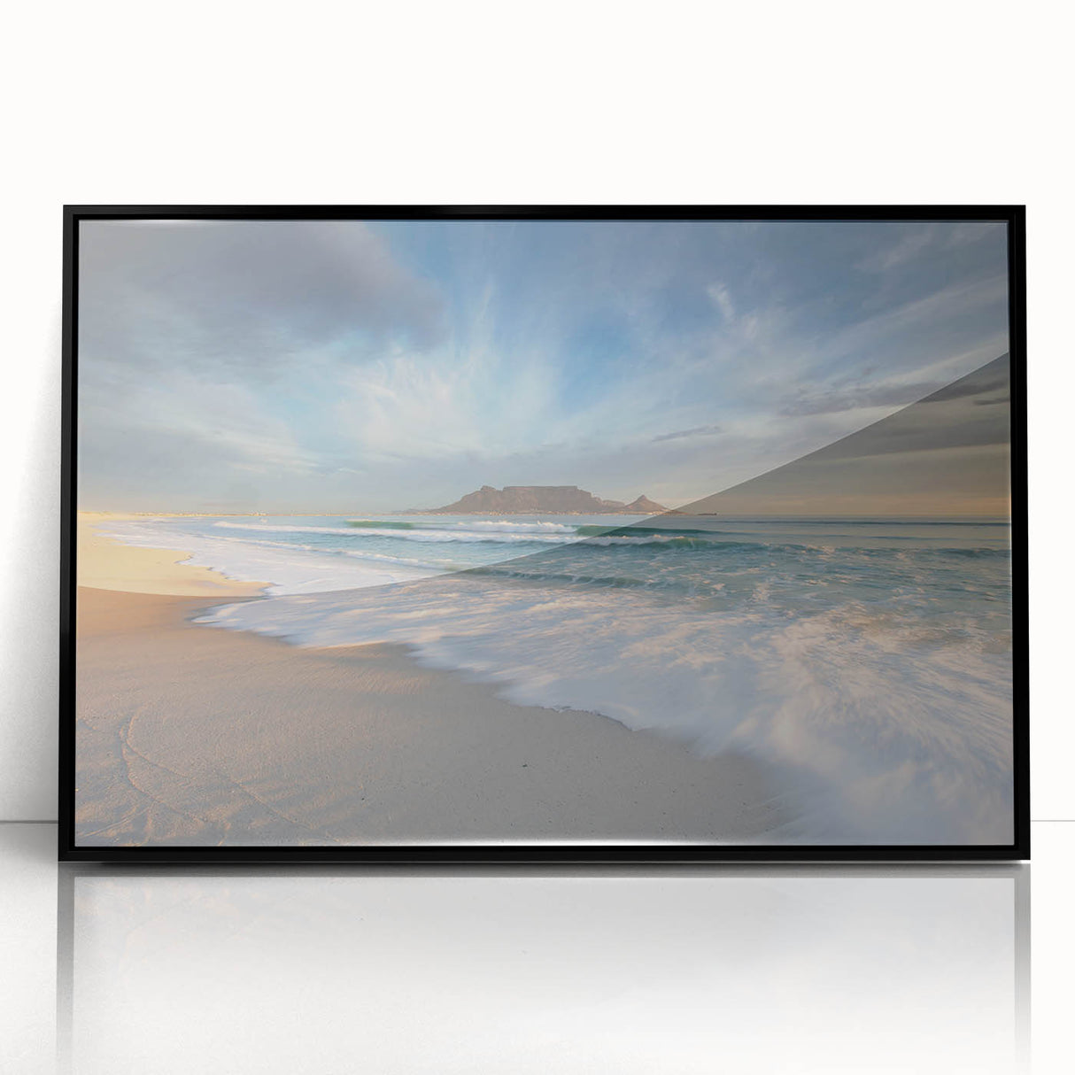 Large abstract wall art depicting an African scenery in muted earth tones on a framed acrylic.