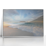 Art Deco poster of a South African scenery in muted earth tones on white framed acrylic.