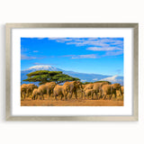 Abstract textured art of African scenery in muted earth tones on a framed silver mat, ideal for bedroom art.
