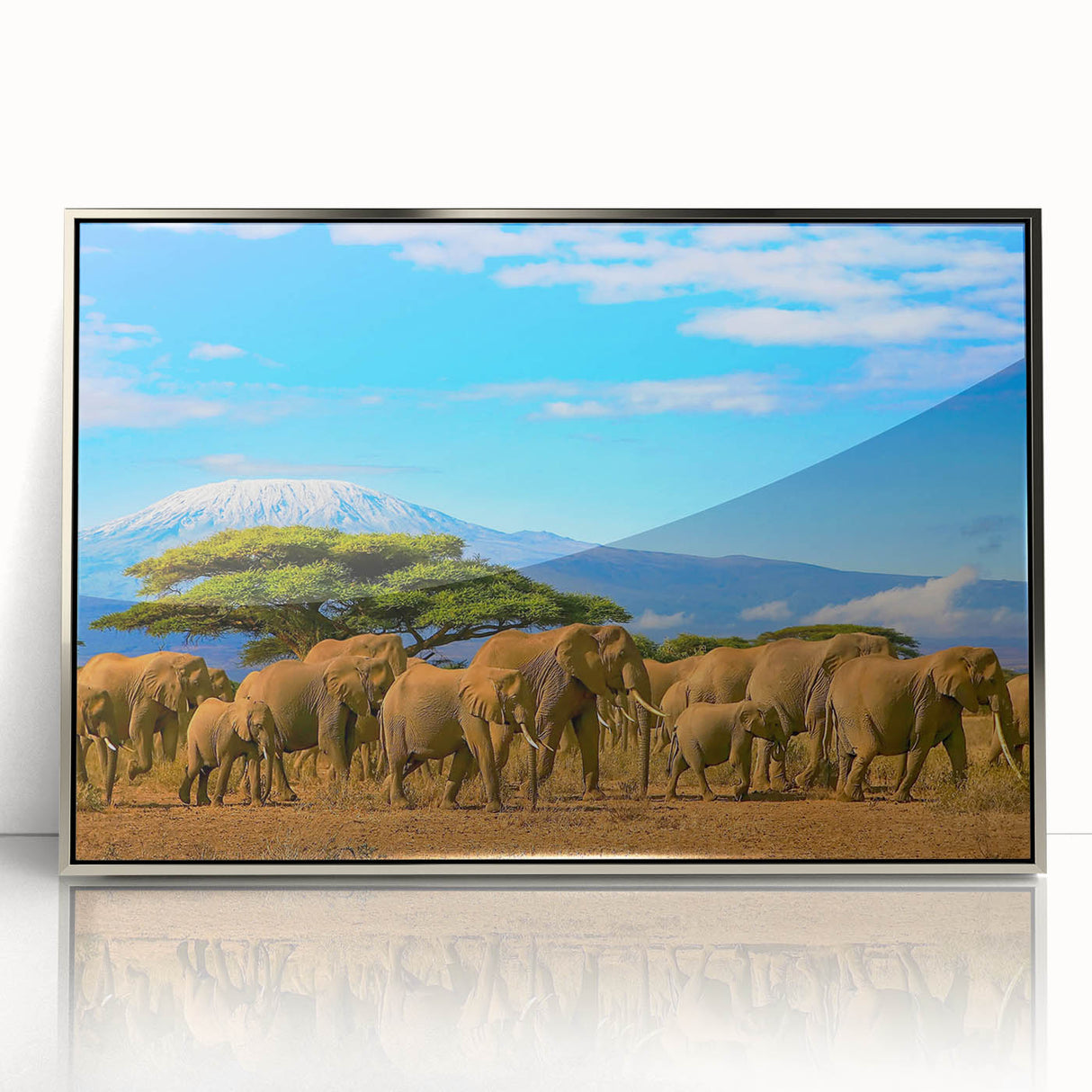 Mid-century modernist art of a Tanzanian landscape on silver-framed acrylic, featuring earth tones.