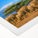Art deco poster featuring a stylized Tanzanian landscape in muted earth tones on rolled canvas.