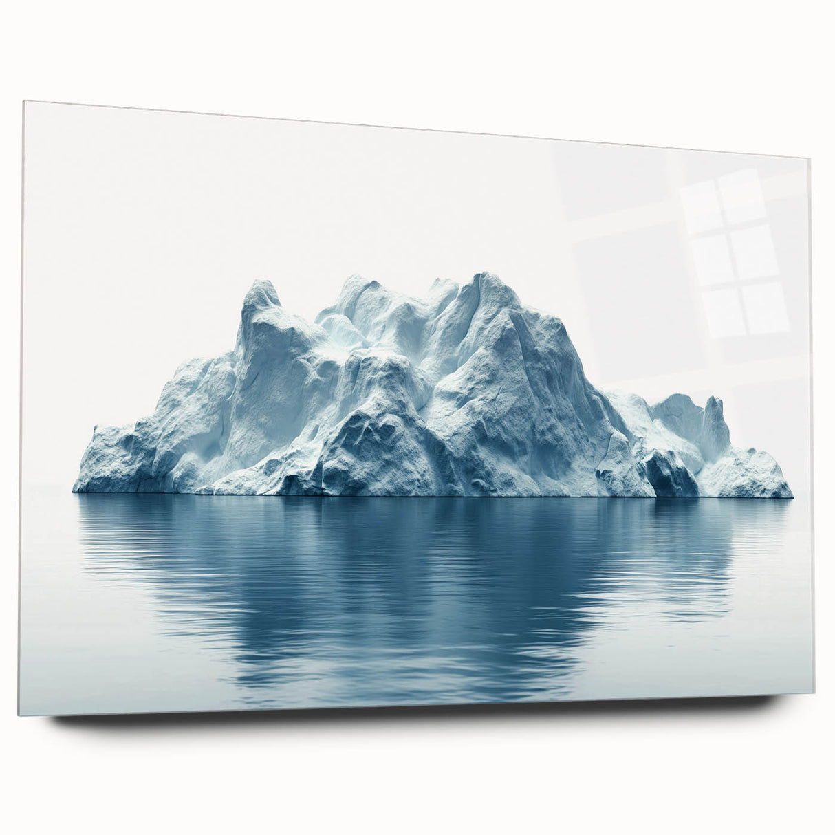 Large abstract depiction of Antarctica in muted blue and white tones on acrylic glass, ideal for bedroom or dining room art.