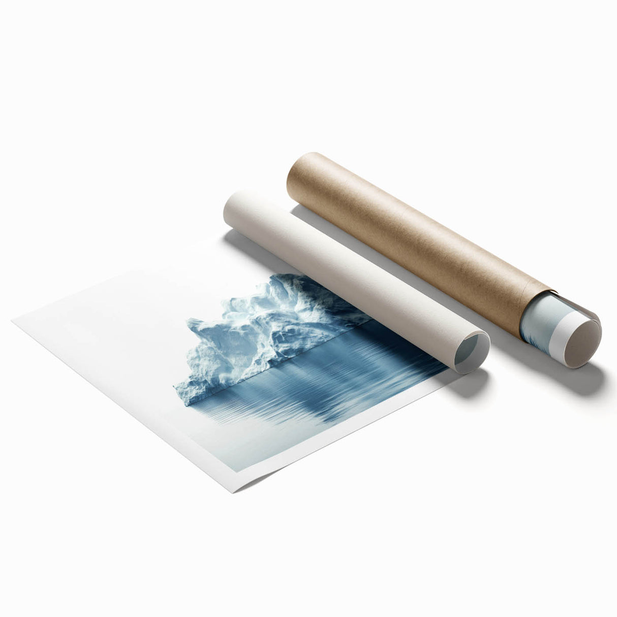 Antarctic landscape with icy mountains and muted blue tones on a large rolled canvas.