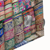 Large abstract wall art depicting a mid-century modernist scene in vibrant colors on acrylic glass.