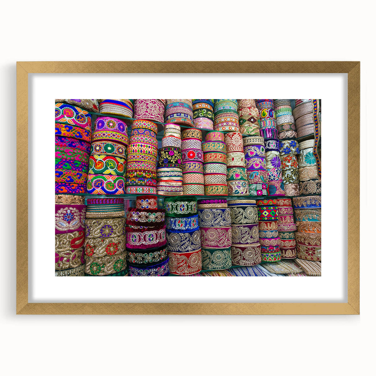 Extra large abstract art print depicting textured scenery of Bangladesh in muted earth tones, framed in gold.