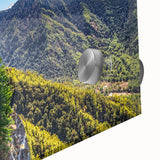 Large abstract wall art featuring a Bhutanese landscape in muted earth tones on acrylic glass.