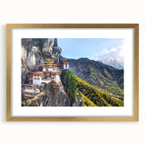 Extra large abstract art print of Bhutan scenery in gold frame, featuring textured brush strokes and earthy tones.