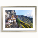 Textured art print depicting an abstract Bhutanese landscape in muted earth tones, framed in silver, ideal for bedroom art.