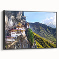 Black and white landscape art painting of Bhutanese scenery on framed canvas, suitable for bedroom wall decor.
