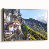 Framed canvas featuring a vintage-style landscape painting of Bhutan in gold and black tones, ideal for bedroom wall art.