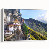 Vintage poster art of Bhutan scenery on a framed canvas, featuring vibrant colors, ideal for living room decor.