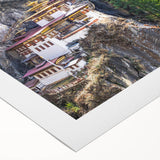 Art deco poster of a Bhutanese landscape on rolled canvas, featuring muted earth tones, ideal for dining room wall art.