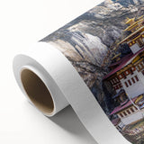 Art deco poster of Bhutan scenery on rolled canvas, featuring muted earth tones, ideal for nursery wall art.