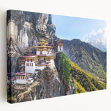 Large art depicting a serene Bhutanese landscape on stretched canvas, in soft earth tones, ideal for kitchen wall art.