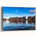 Framed canvas of a colorful Cambodian landscape painting in vintage style, ideal for adding cultural flair to a living space.