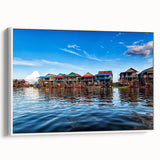 Vintage poster art of a Cambodian landscape on framed canvas, featuring vibrant colors on a black background.