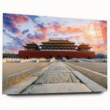 Large abstract wall art featuring a stylized Beijing cityscape in muted earth tones on acrylic glass.