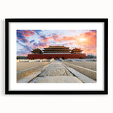 Colorful abstract art print of Beijing scenery on textured canvas, framed in black, ideal for living room decor.