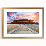 Extra large abstract art print featuring textured depiction of Beijing skyline in muted gold and beige tones.