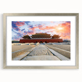 Textured abstract art print of Beijing scenery in muted earth tones, framed with a silver mat, ideal for bedroom art.