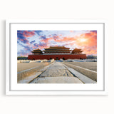 Abstract art print of Beijing skyline in muted gray and blue tones on a framed white mat, ideal for dining room decor.