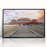 Large abstract wall art depicting Beijing's skyline in muted gray and blue tones on a framed acrylic.