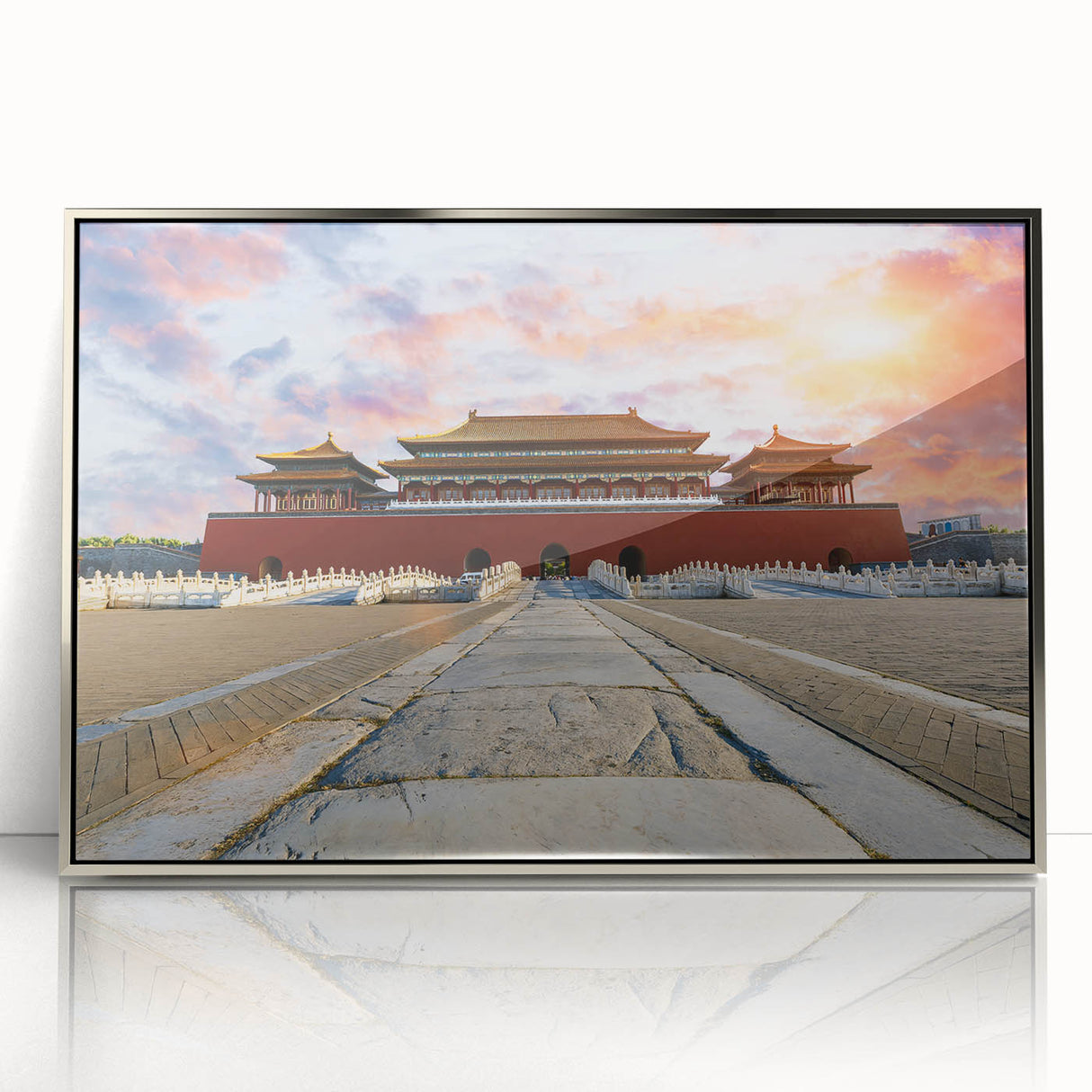 Mid-century modernist art depicting Beijing skyline in muted silver and gray tones on framed acrylic.