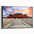 Black and white vintage poster art of Beijing landscape on framed canvas, ideal for bedroom decor.