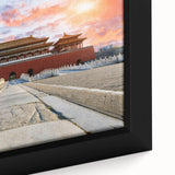 Extra large framed canvas of a textured, colorful Beijing cityscape in black with vibrant accents.