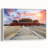 Vintage poster art of Beijing scenery on a framed canvas, featuring colorful art with black accents.
