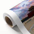 Art deco poster of Beijing skyline in pastel shades on rolled canvas, suitable for nursery wall art or dining room.
