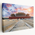 Large art depicting Beijing skyline in muted earth tones on stretched canvas, suitable for kitchen wall art.