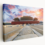 Large art depicting Beijing skyline in muted earth tones on stretched canvas, suitable for kitchen wall art.