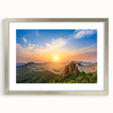 Abstract textured art print of the Great Wall of China in muted earth tones on a framed silver mat, suitable for bedroom art.