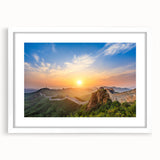 Abstract art print of the Great Wall of China in muted earth tones on a white framed canvas, suitable for dining room decor.