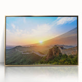 Acrylic print of the Great Wall of China in muted earth tones, framed in gold, ideal for modern art wall decor.