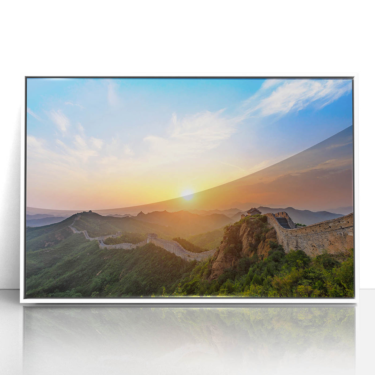 Acrylic print of the Great Wall of China in muted earth tones, framed in white, ideal for modern art wall decor.