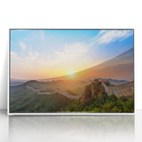 Acrylic print of the Great Wall of China in muted earth tones, framed in white, ideal for modern art wall decor.