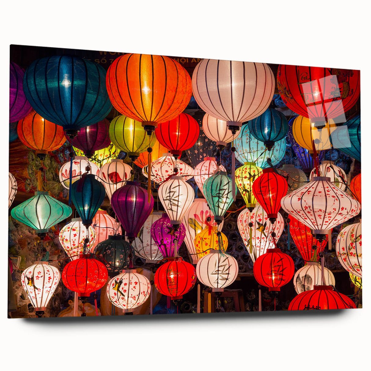 Large abstract wall art of Shanghai skyline in muted blue and gray tones on acrylic glass.