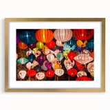 Extra large abstract art print of Shanghai skyline in textured shades of blue and gold, framed with a gold mat.