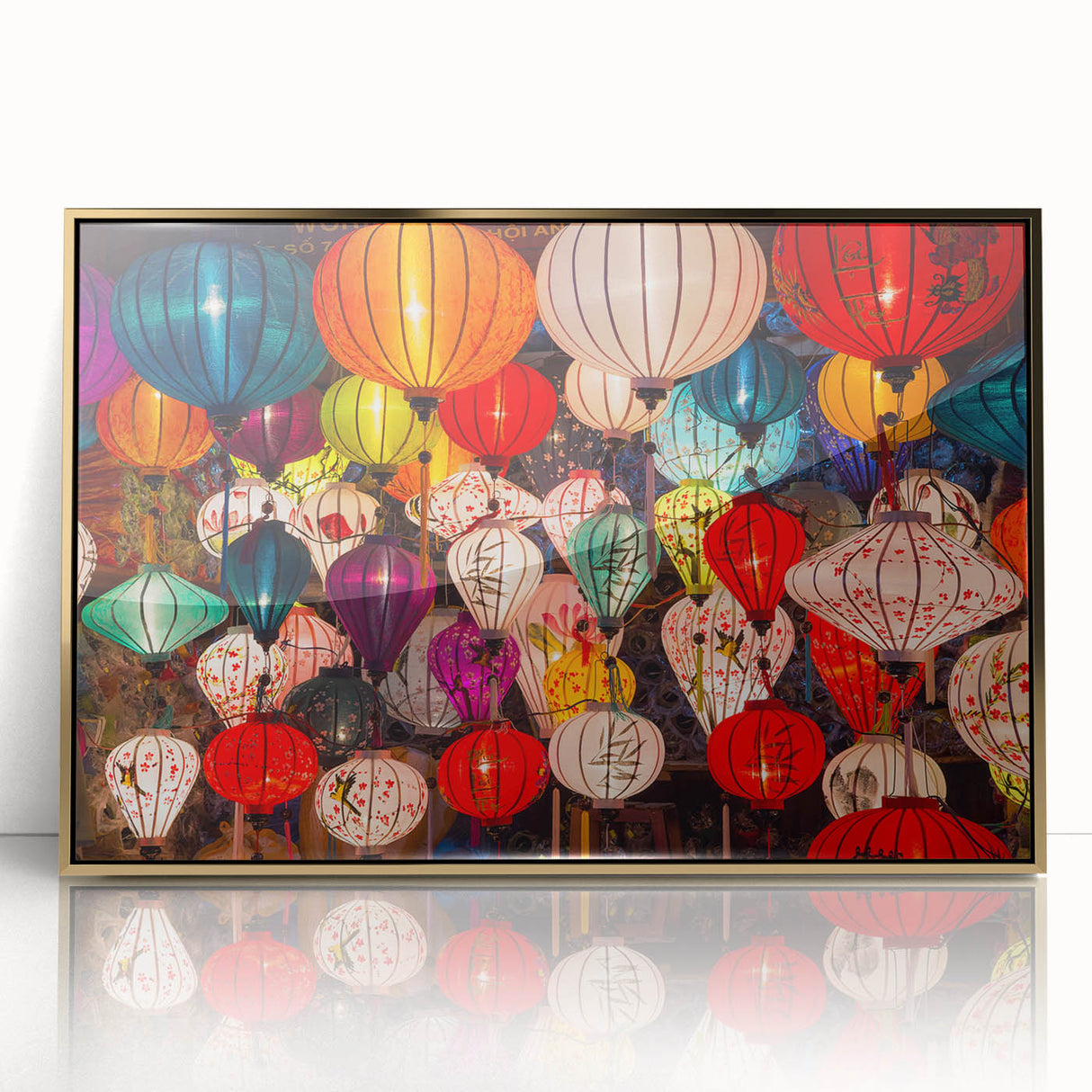 Framed acrylic print of Shanghai skyline with gold accents, ideal for modern art wall decor.