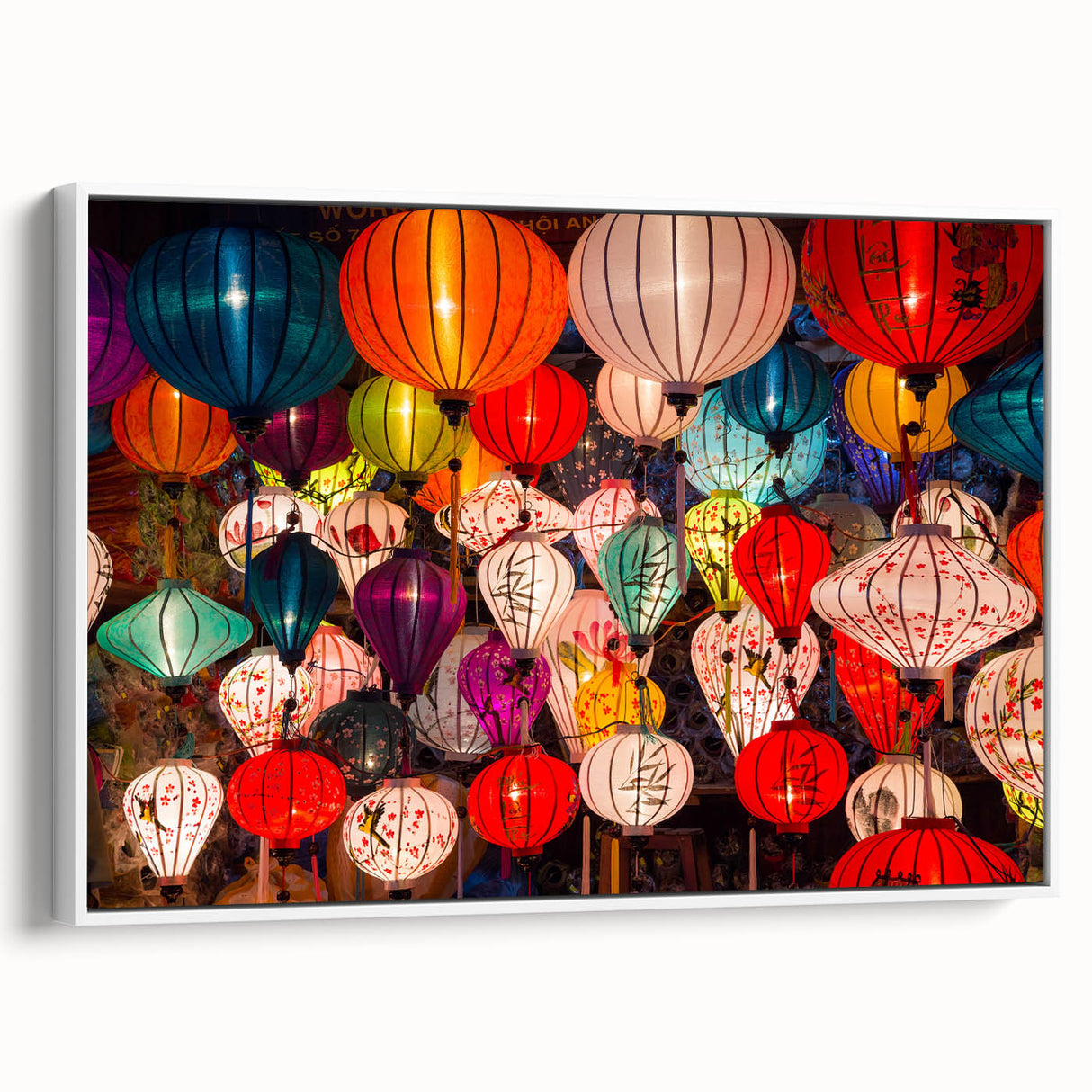 Vintage poster art of Shanghai skyline in colorful tones on extra large framed canvas, ideal for living room decor.