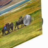 Large abstract wall art featuring a Tibetan landscape in muted earth tones on acrylic glass, ideal for dining room ambiance.