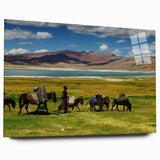 Large abstract wall art of Tibetan scenery in muted earth tones on acrylic glass, ideal for bedroom or dining room decor.
